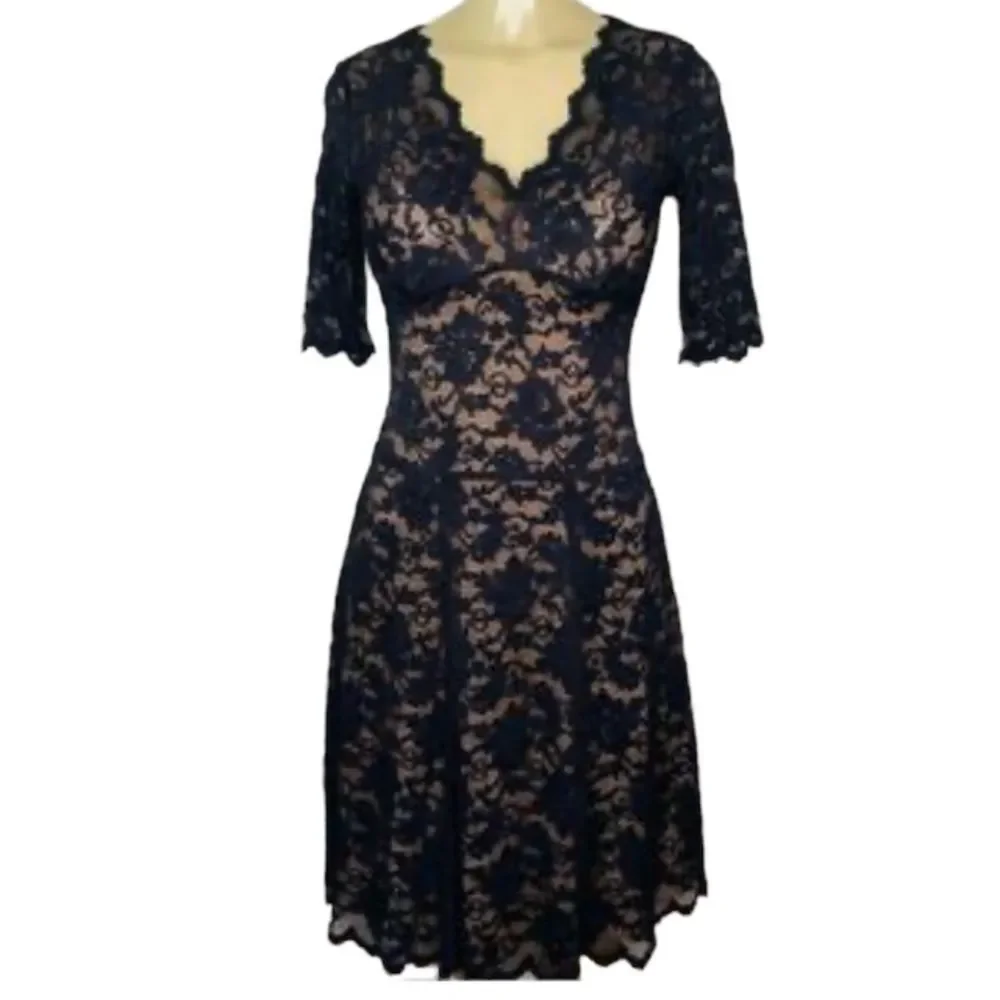 CAbi 714 black lace dress over tan fabric lining size small
